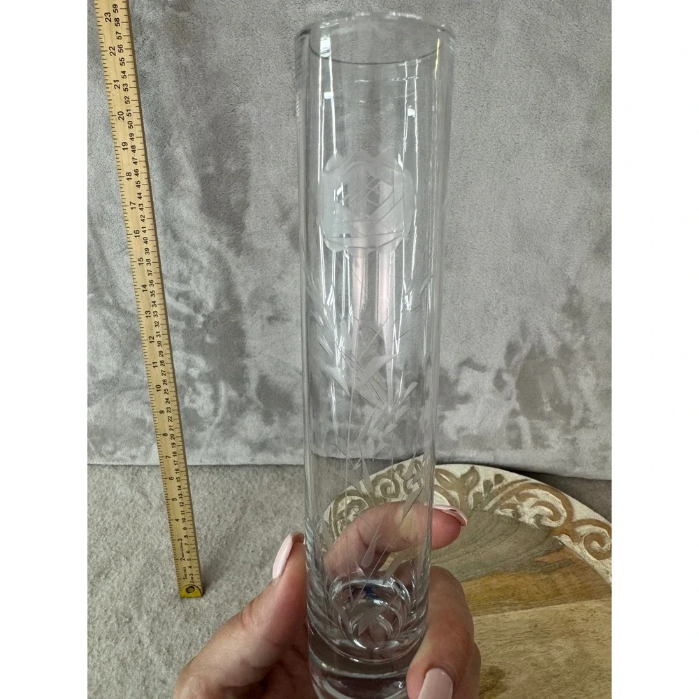 Clear Glass Bud Vase Etched Frosted Rose Floral Cylinder 7.25 Inch Weighted Base